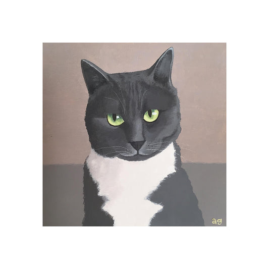 A Giclée Fine Art Print of a grey and white cat portrait, the cat has green eyes and is against a warm grey background