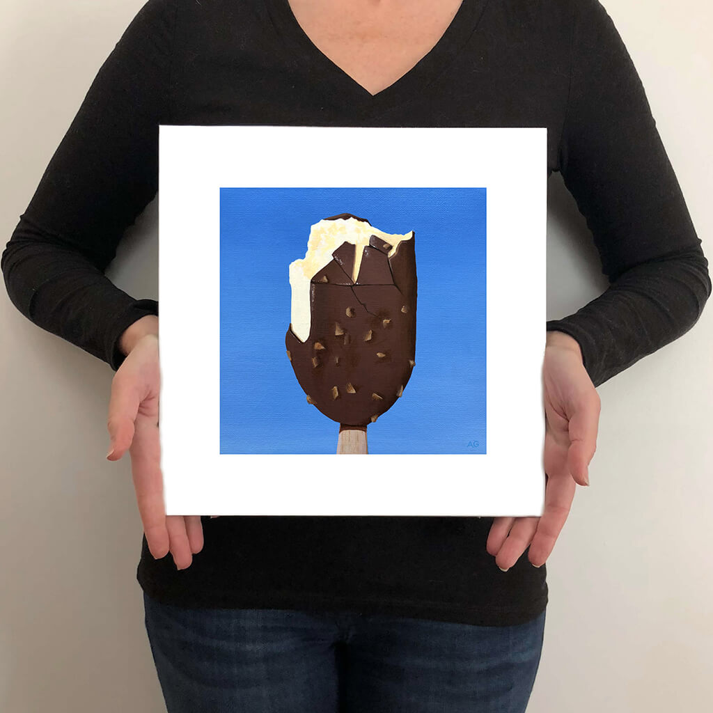Size guide for giclée fine art print of a vanilla and chocolate ice cream against a blue summer sky.