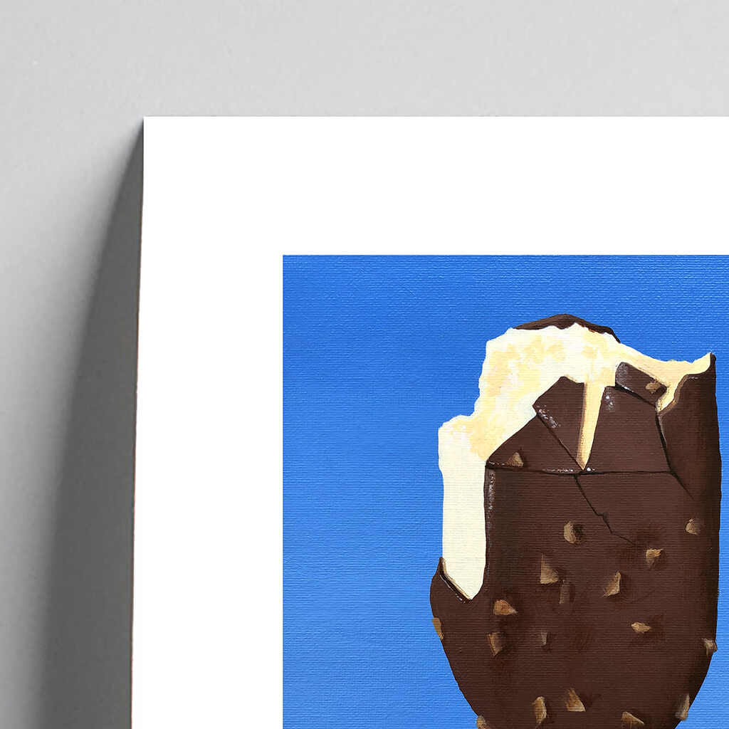 Detail of giclée fine art print of a vanilla and chocolate ice cream against a blue summer sky.