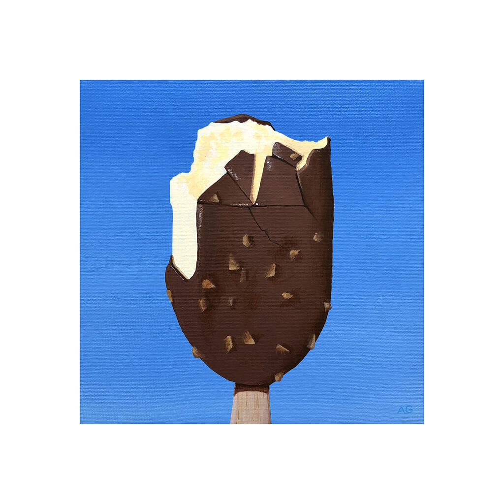 A giclée fine art print of a vanilla and chocolate ice cream against a blue summer sky.