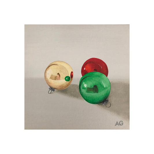 Fine art giclée print of three glass Christmas tree baubles, gold, green and red on a grey background by Amanda Gosse