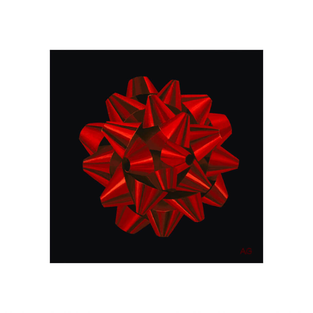 Fine art print of a red foil gift bow against black background by Amanda Gosse artist