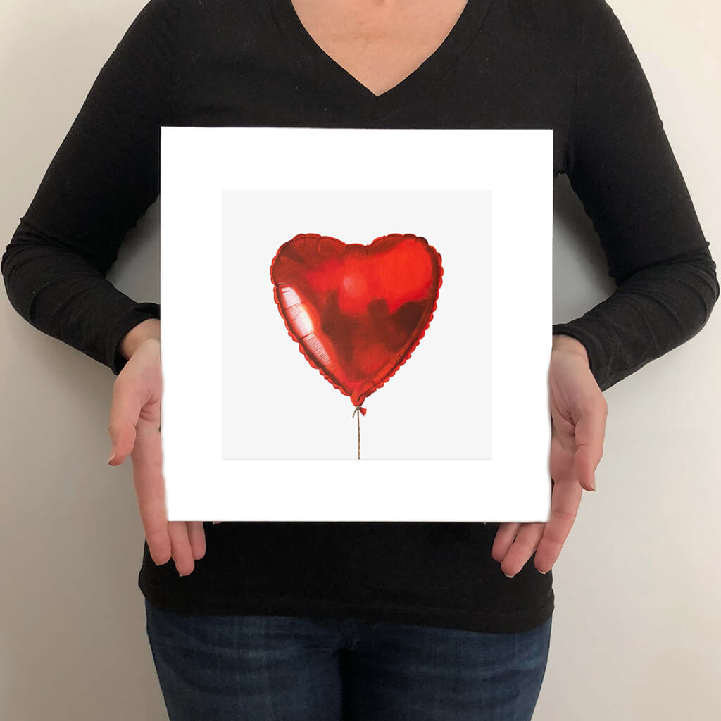 Never Let Me Go giclée fine art print of a heart shaped helium balloon by artist Amanda Gosse size guide