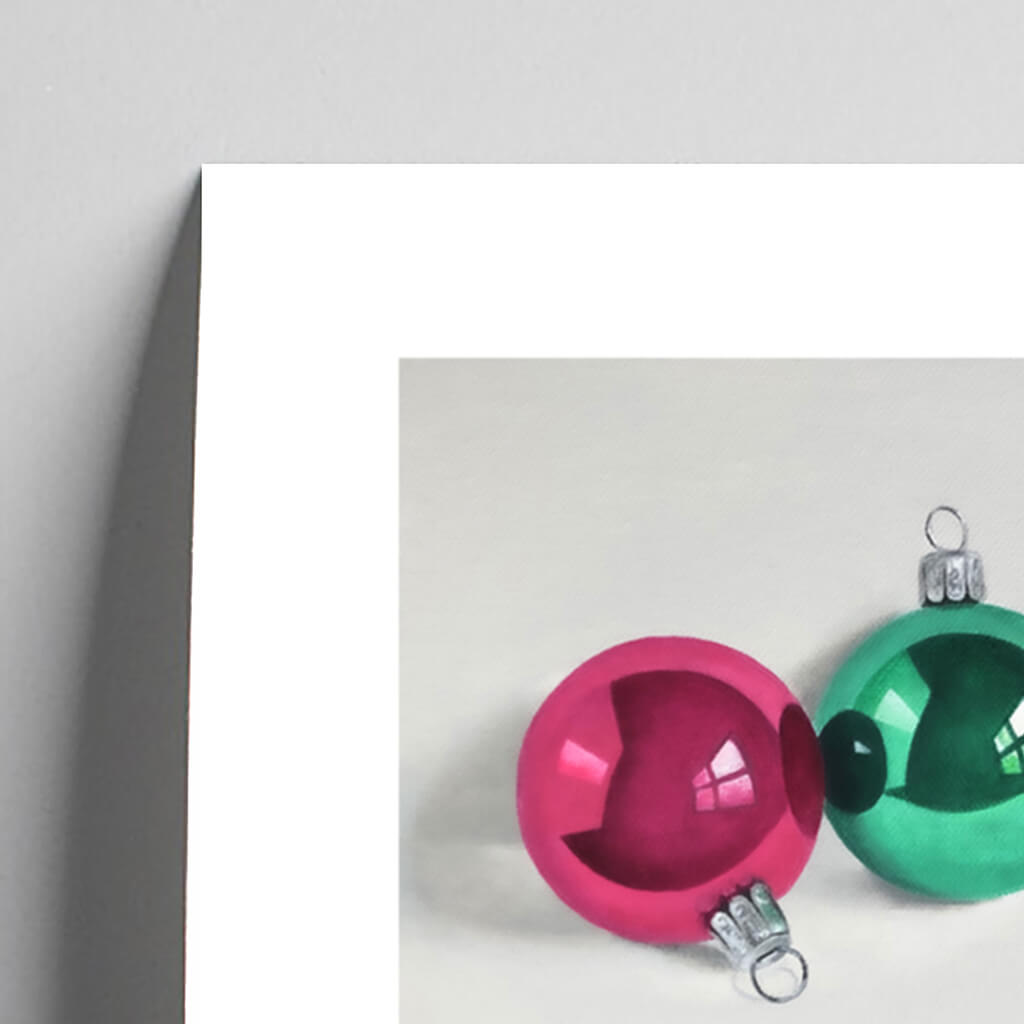 A painting of two xmas tree decorations, glass baubles in bright pink and green by Amanda Gosse giclée fine art print detail