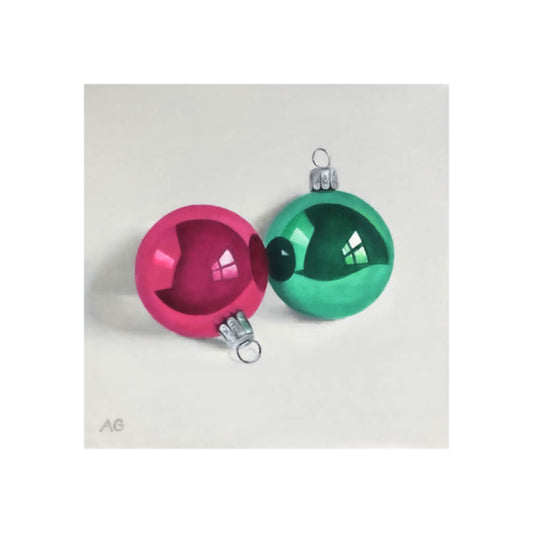 A painting of two Christmas tree decorations, glass baubles in bright pink and green by Amanda Gosse giclée fine art print