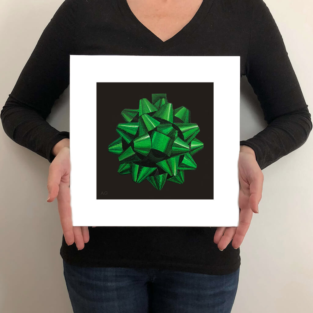 Green Foil Gift Bow on Black Background Fine Art Giclée Print by Amanda Gosse Size Guide