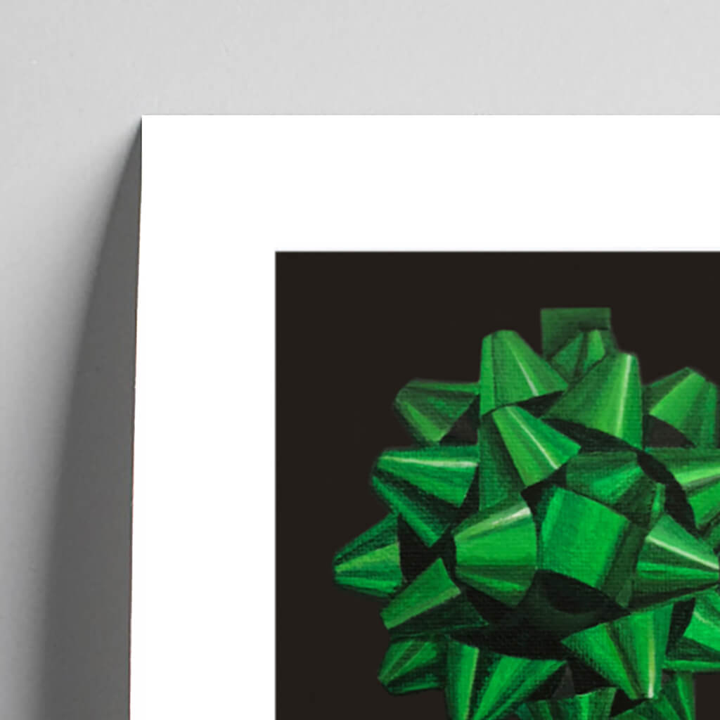 Green Foil Gift Bow on Black Background Fine Art Giclée Print by Amanda Gosse detail
