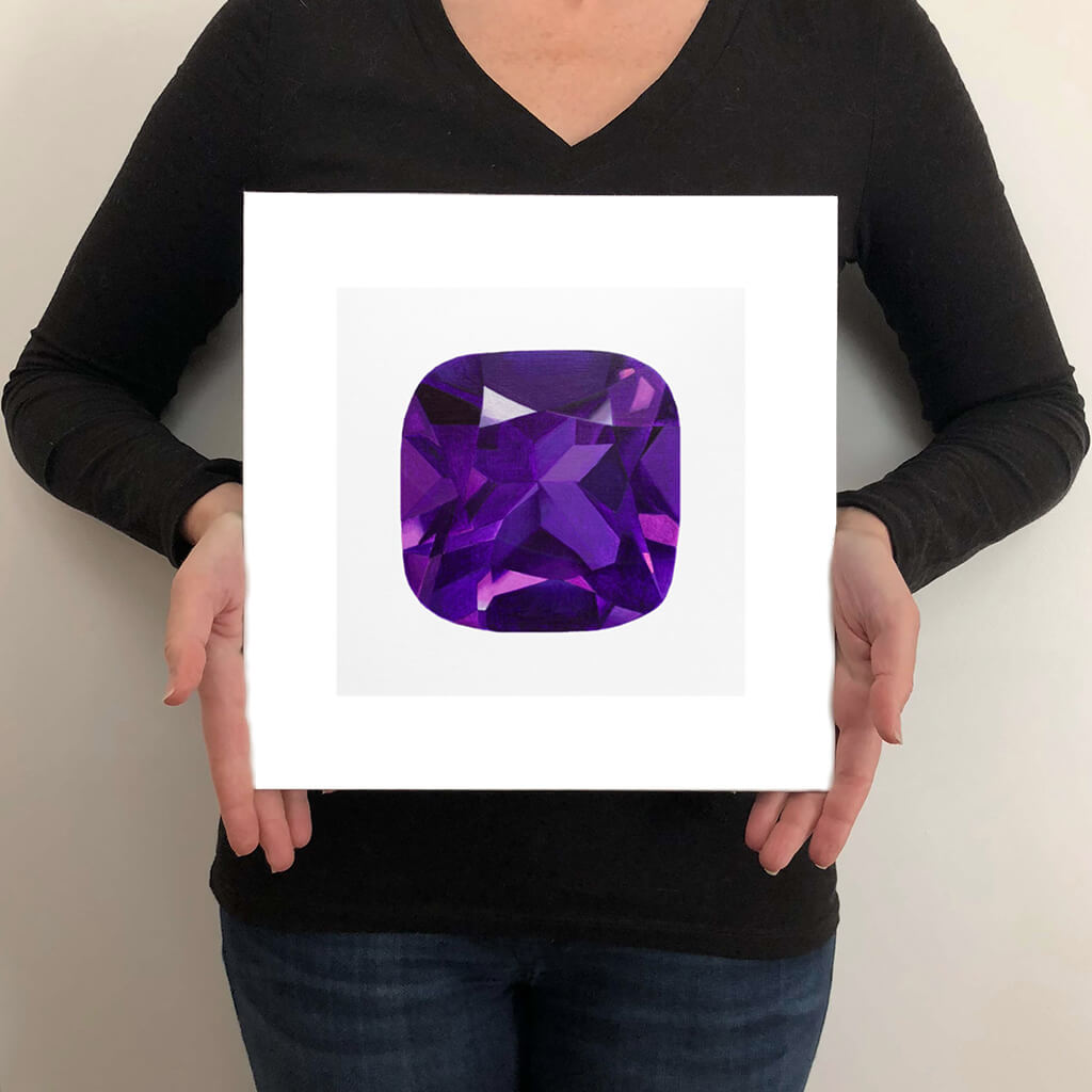 Fine art print of a purple Amethyst gemstone by Amanda Gosse artist size guide