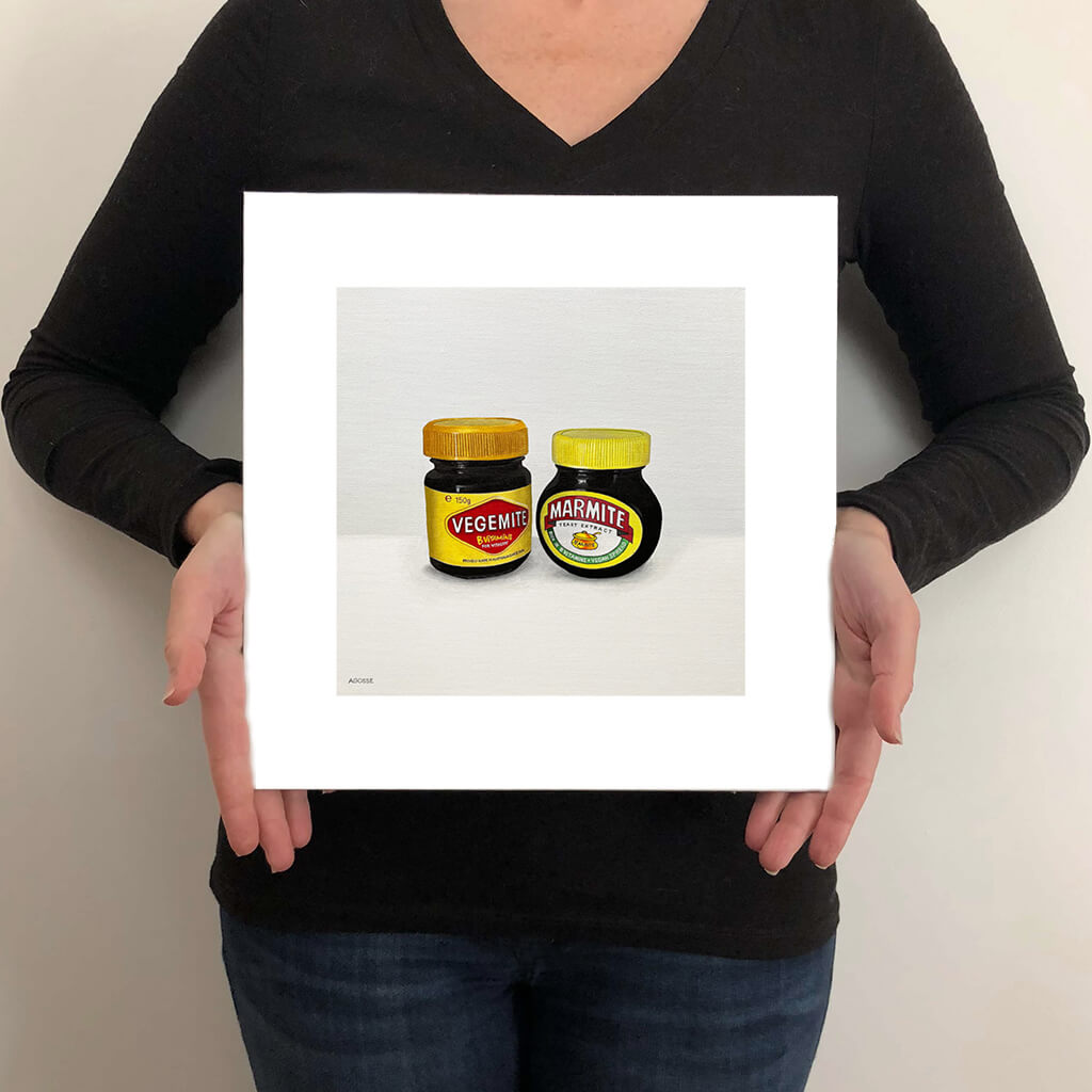 Fine Art Giclée print of The Great Debate a painting of Marmite and Vegemite by Amanda Gosse size guide