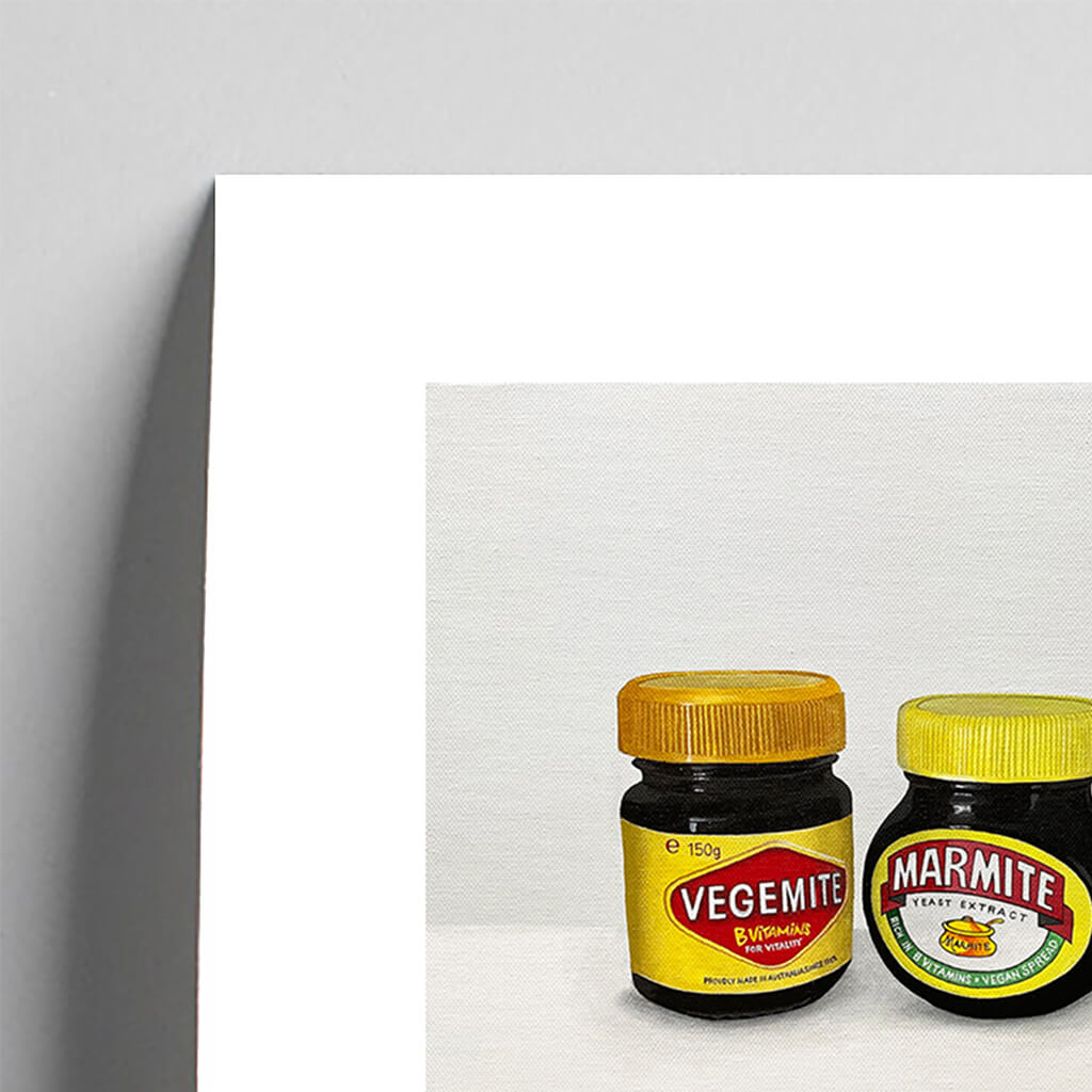 Fine Art Giclée print of The Great Debate a painting of Marmite and Vegemite by Amanda Gosse detail