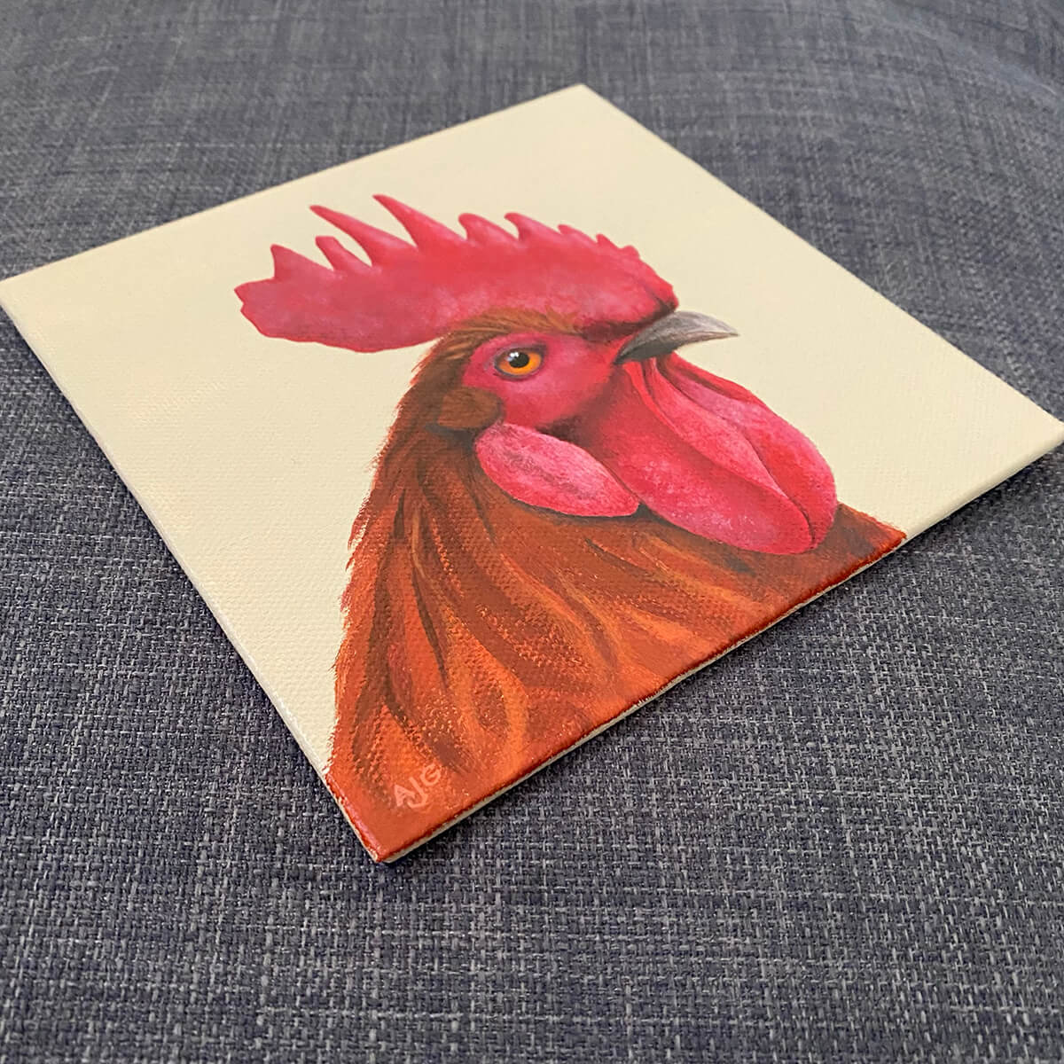 Original small acrylic painting of a male chicken by Amanda Gosse