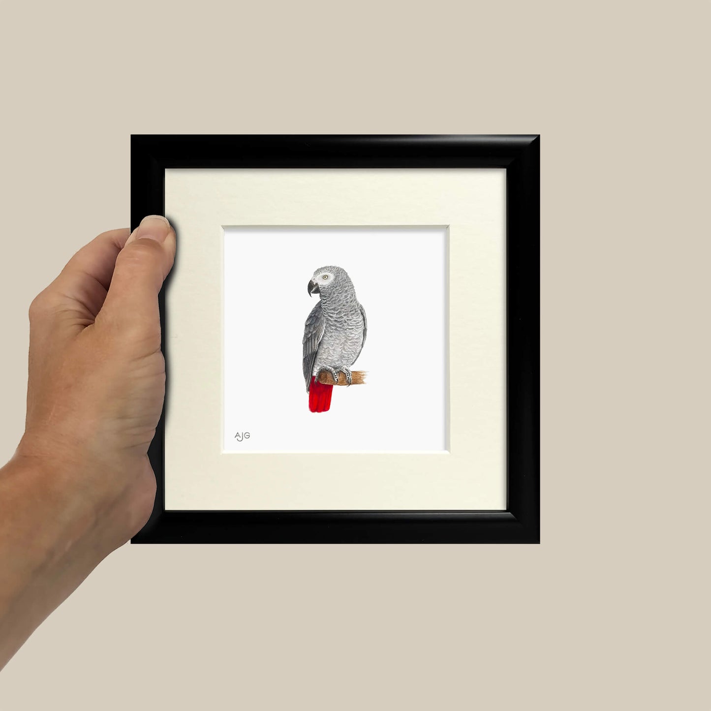 Framed artwork of a parrot held by a hand against a beige background