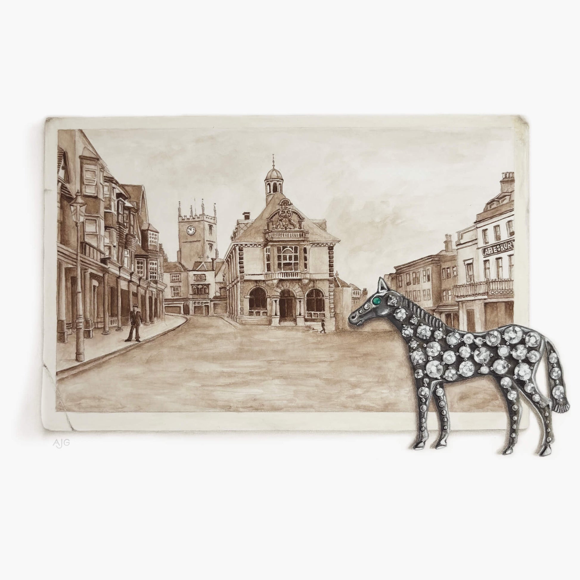 Decorative horse brooch on a sepia-toned illustration of a town square