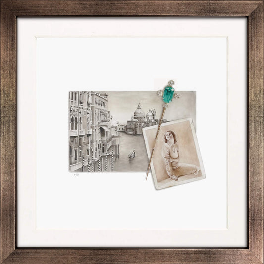 Framed artwork with Venice cityscape and vintage photo, featuring an antique jewelled stick pin.