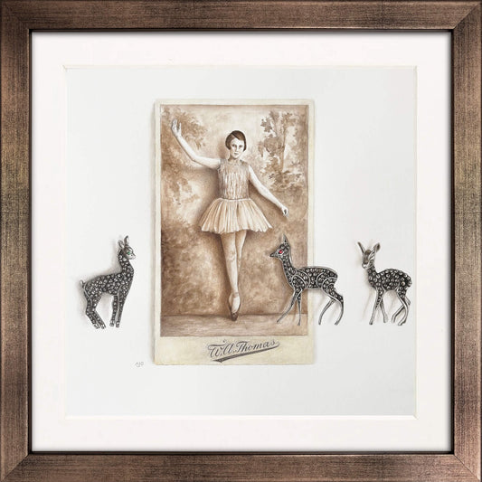 Framed artwork of an antique ballerina photo with three marcasite deer brooches