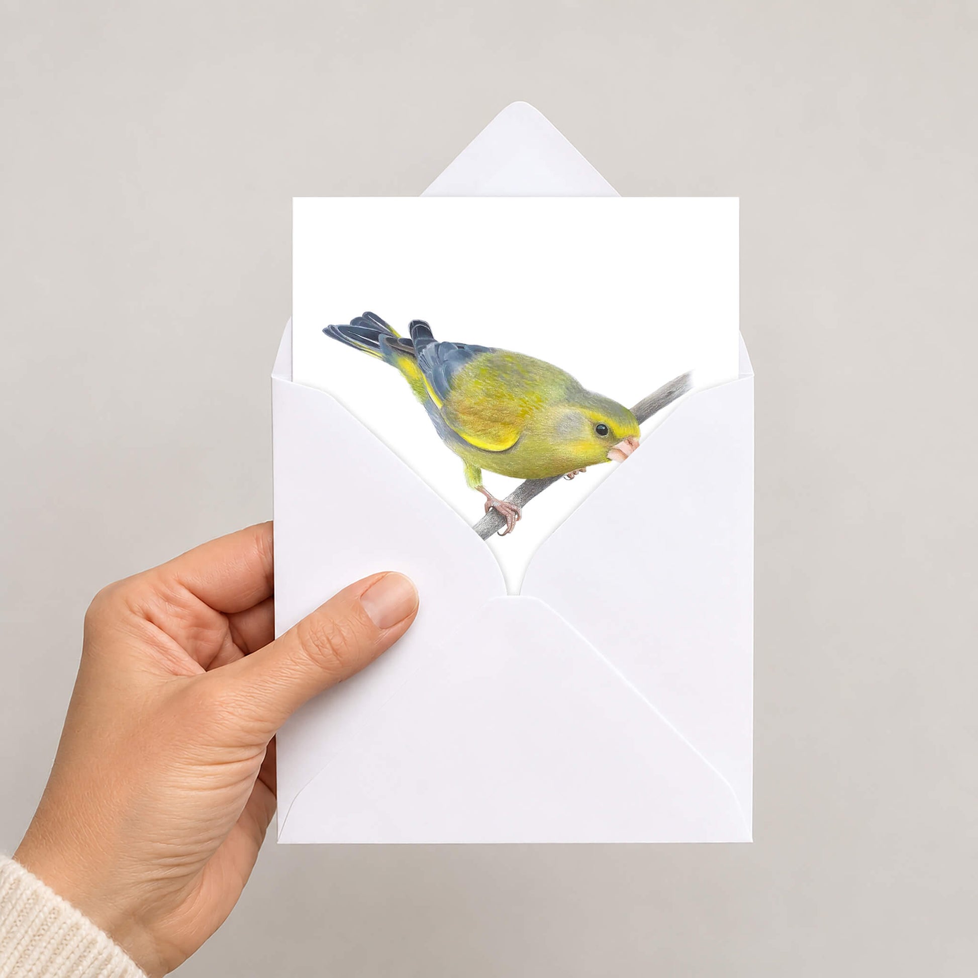 A hand holds a white greeting card with an illustration of a green and yellow bird (greenfinch) perched on a branch, with a matching white envelope behind it, against a plain light grey background.