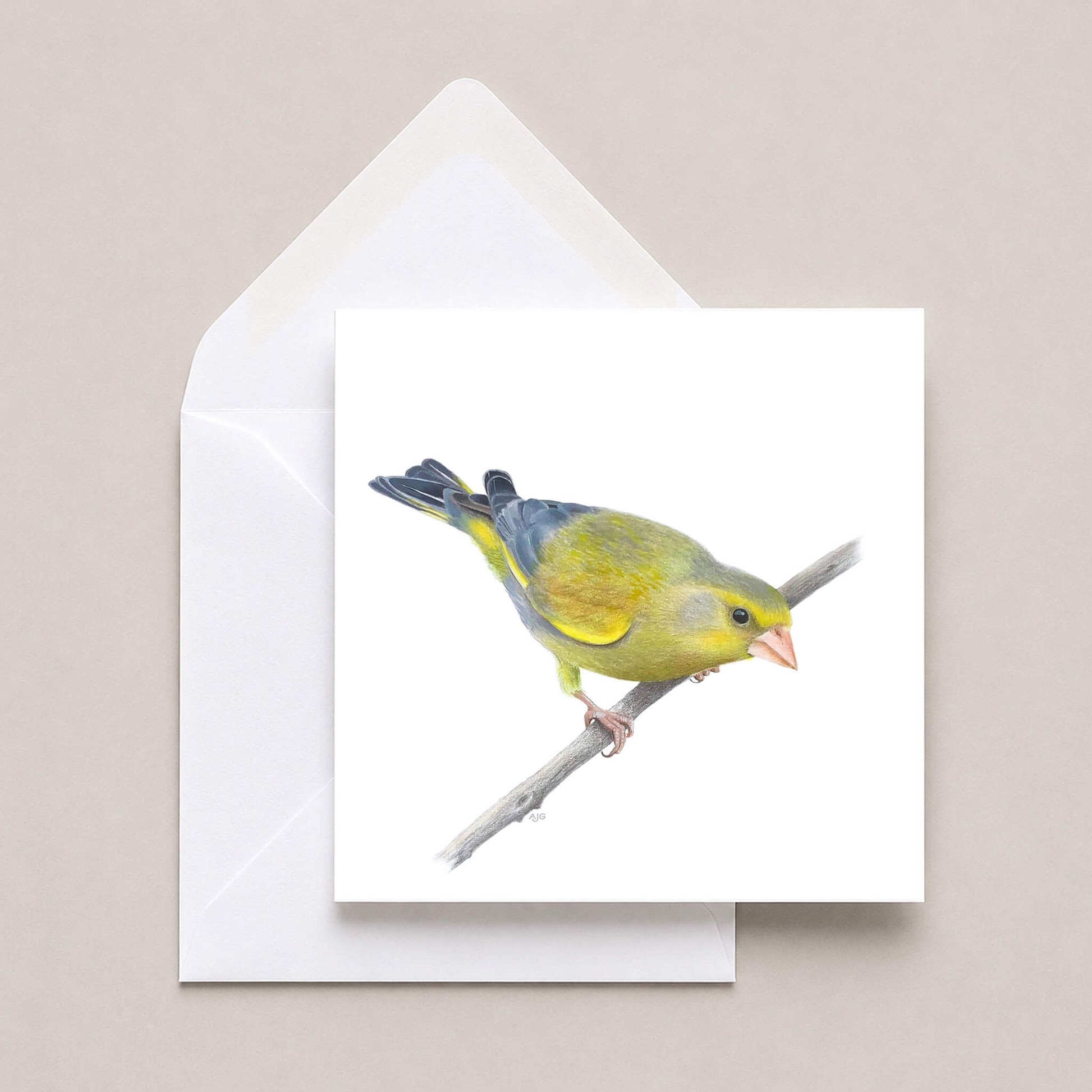 A square white greeting card featuring a painted greenfinch bird perched on a branch, shown with a white envelope on a light beige background.