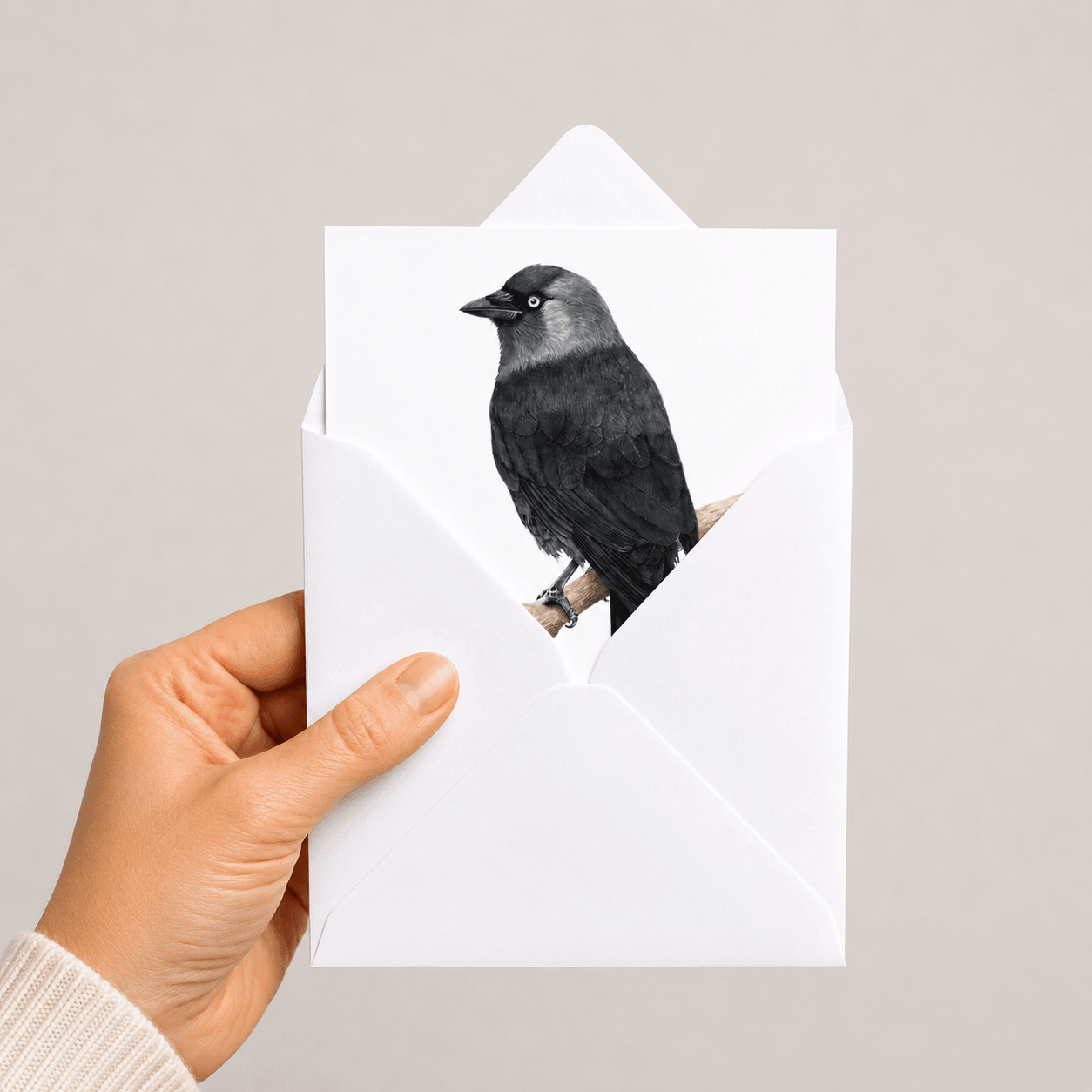 Hand holding a white envelope with a Jackdaw bird illustration on a grey background