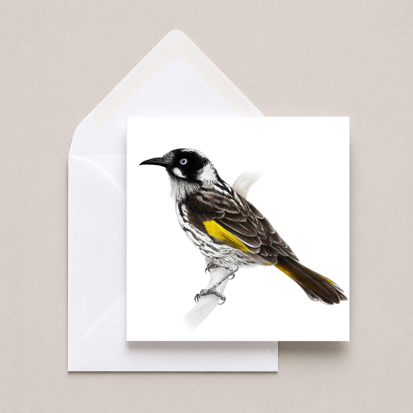 A square white greeting card featuring a detailed illustration of a black-and-white bird with a bright yellow wing patch, shown with a white envelope on a light beige background.