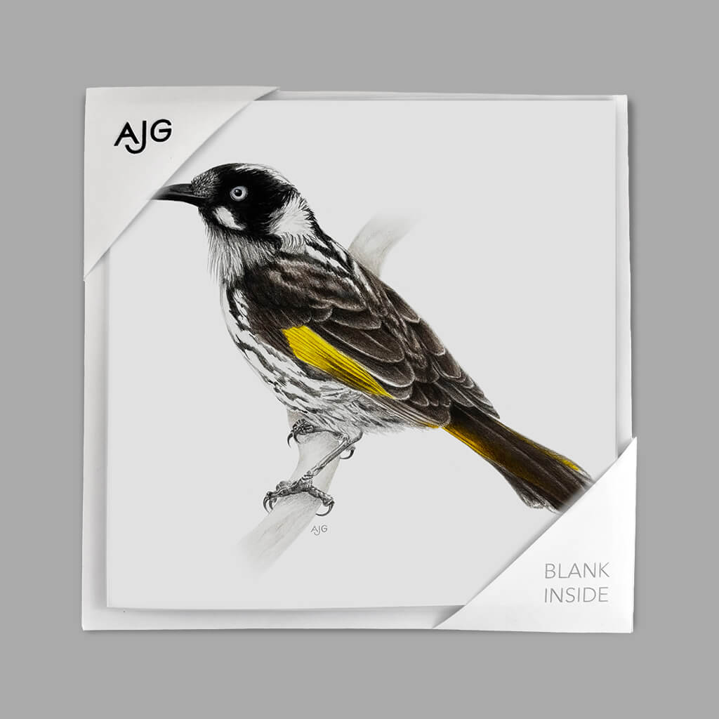 Card with a bird illustration and 'AJG' branding on a grey background