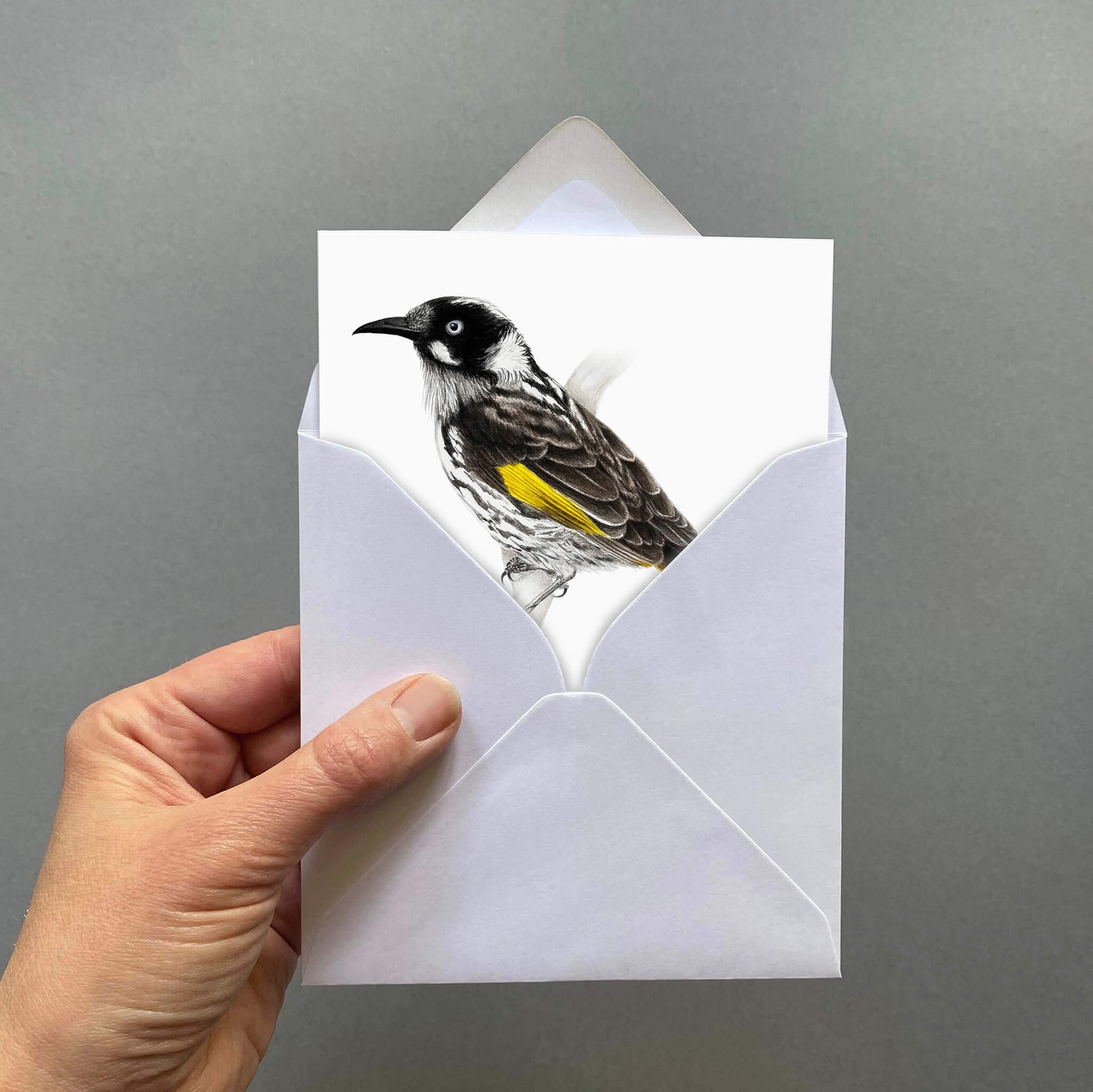 Hand holding a white envelope with a bird illustration card on a grey background