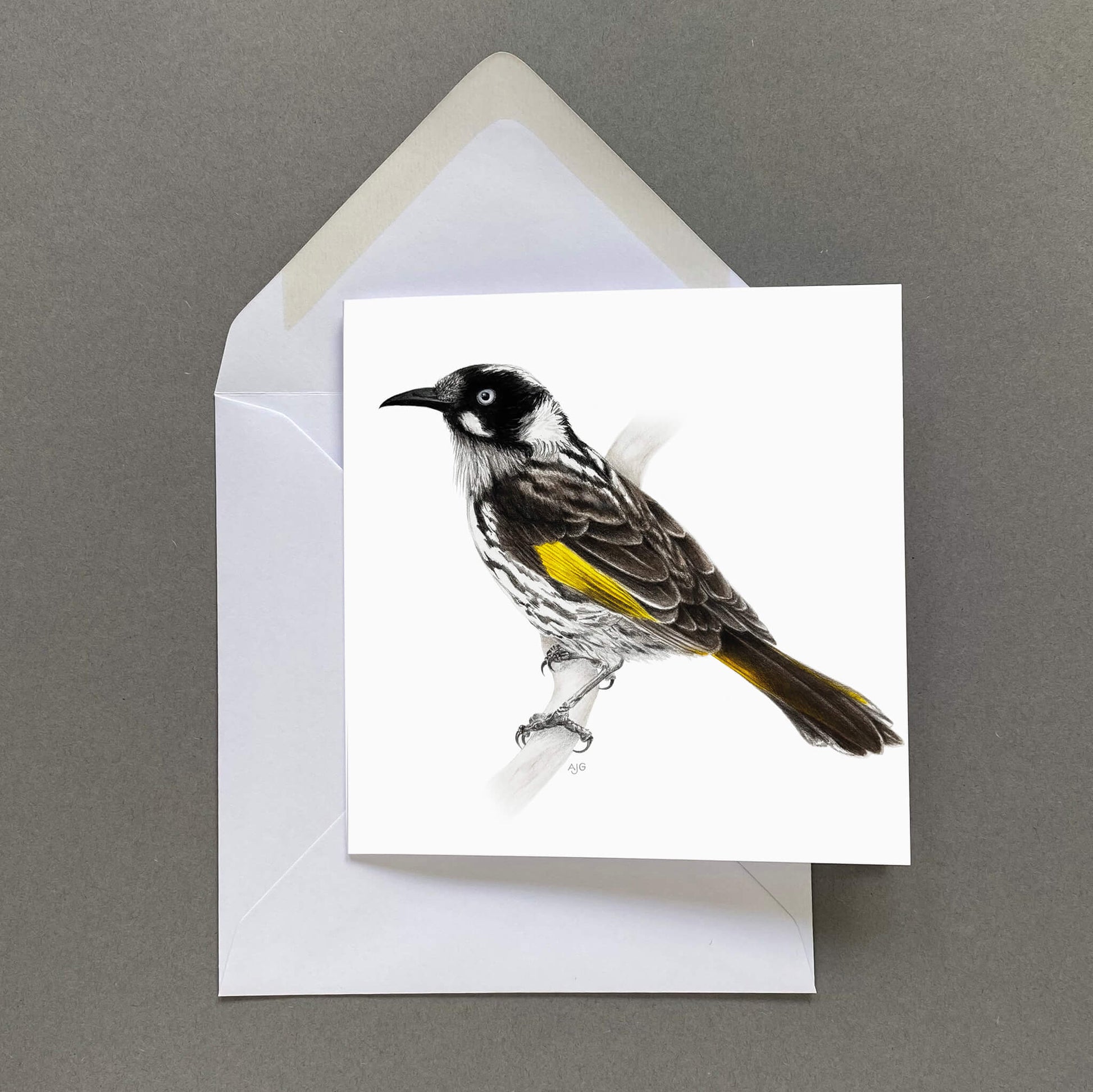 Greeting card with a bird illustration on a white background, featuring an envelope.