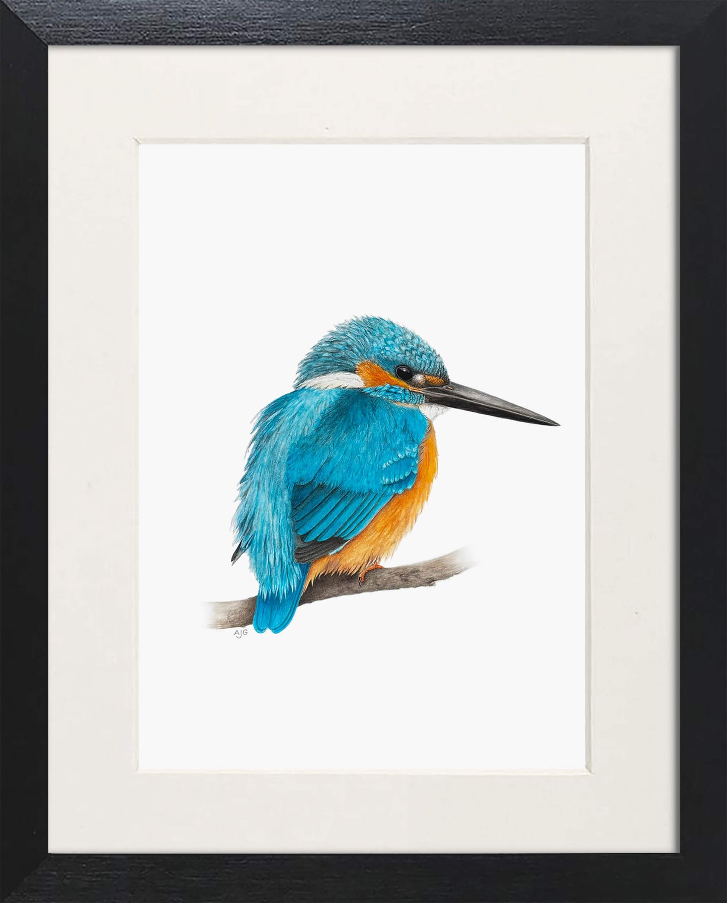 Framed artwork of a blue and orange kingfisher bird on a branch.