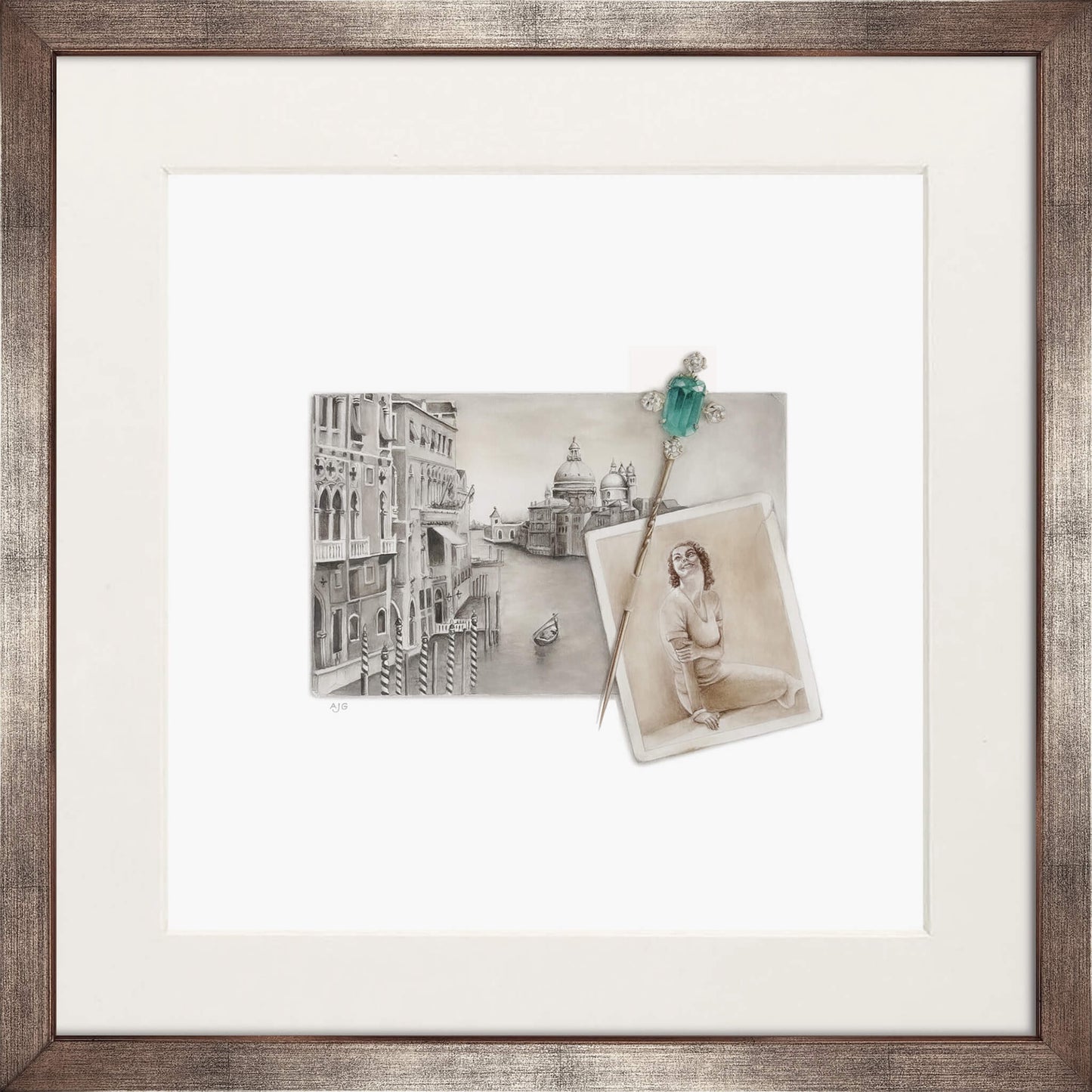 Framed artwork with a black and white photo of a cityscape and a vintage photograph of a woman.