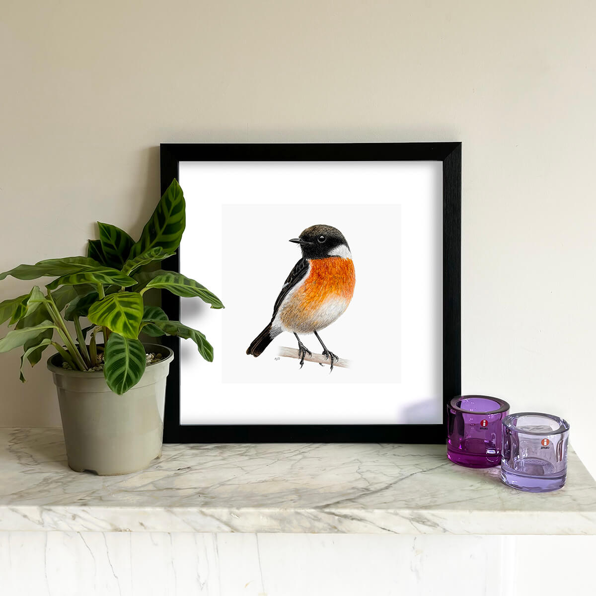 Stonechat bird giclée fine art print in frame