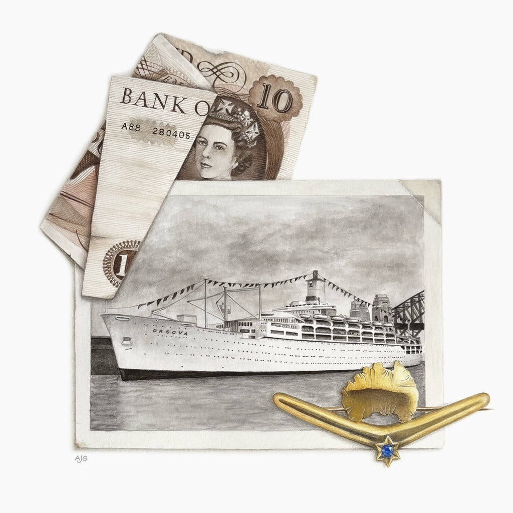Painting of a banknote with a ship photograph and an antique gold Australia map boomerang brooch on a white background