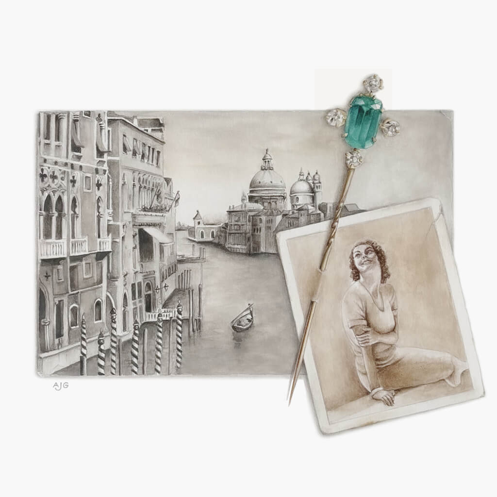 Original gouache painting of the Grand Canal Venice with an antique emerald and diamond stick pin and vintage portrait photograph, by Amanda Gosse
