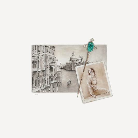 An original painting of a Venetian canal with a building and a woman's portrait, with a jewelled antique stick pin.
