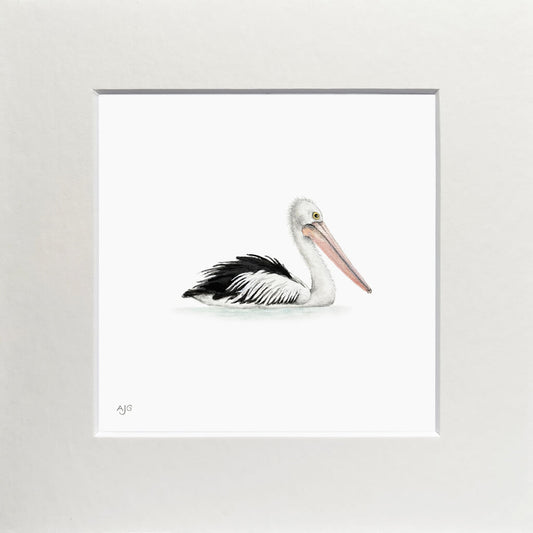 Matted artwork of a pelican on a white background