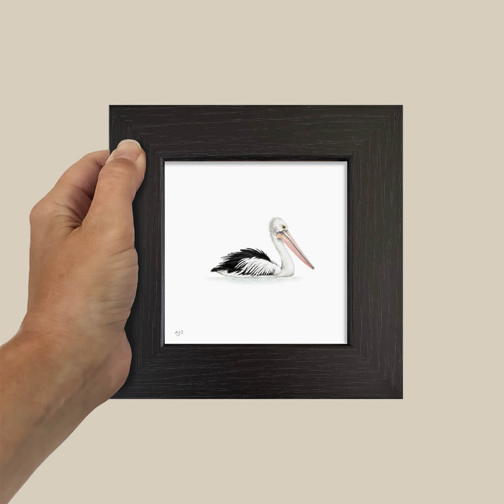Hand holding a small framed picture of a pelican on a beige background