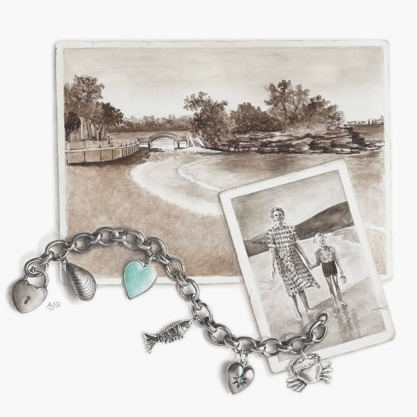 Painting of silver charm bracelet with heart and fish charms on a scenic background with a photo of two people.
