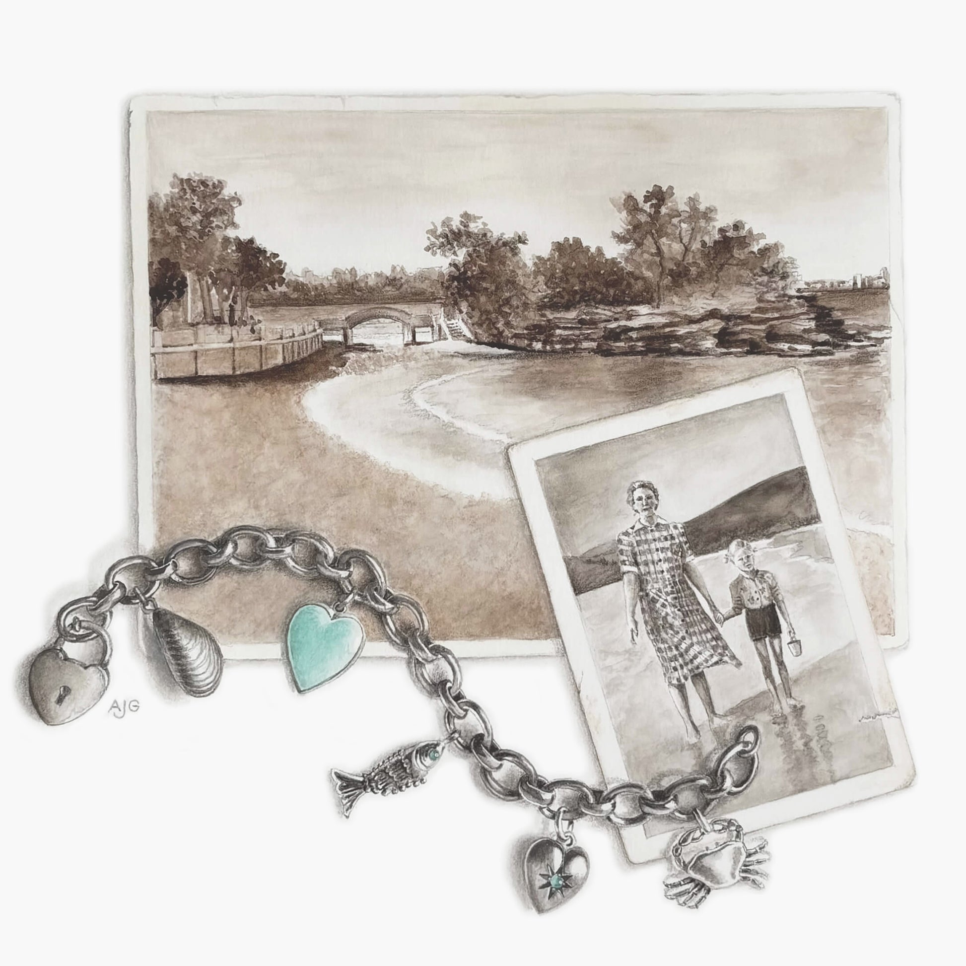 Painting of silver charm bracelet with heart and fish charms on a scenic background with a photo of two people.