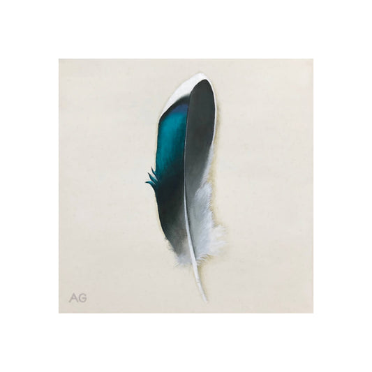 A giclée fine art print of an iridescent bird feather, against a pale neutral colour background.