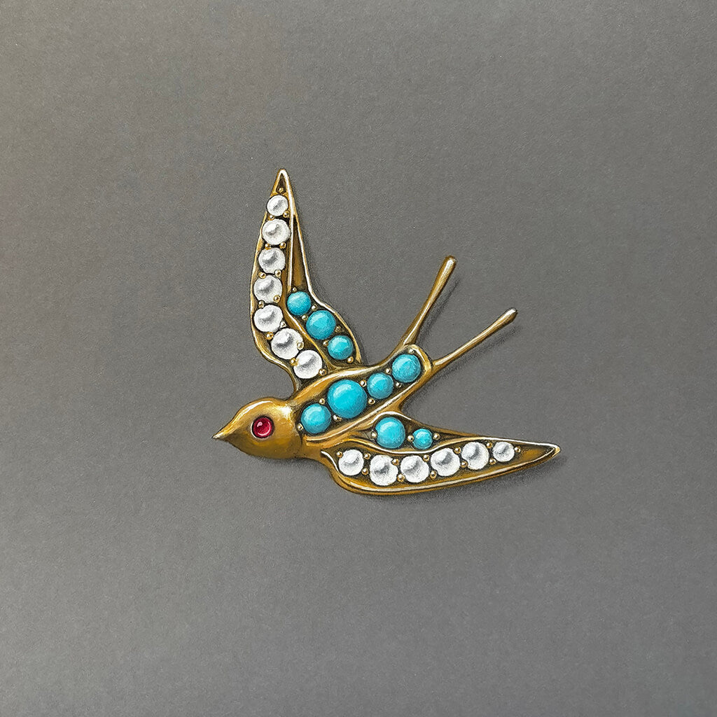 Original painting of a decorative bird brooch with turquoise stones and a red gem on a grey background