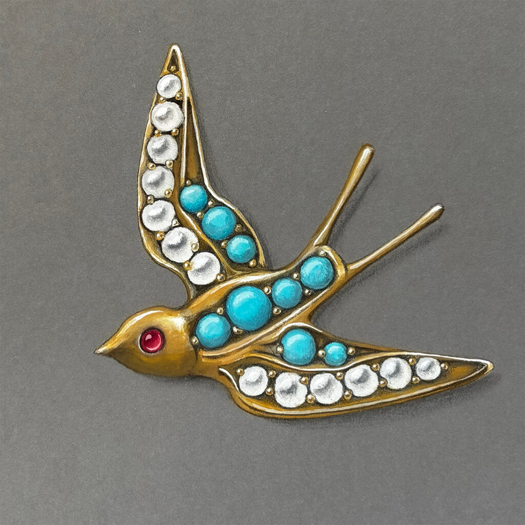 Painting of a gold bird-shaped brooch with turquoise and red gemstones on a grey background