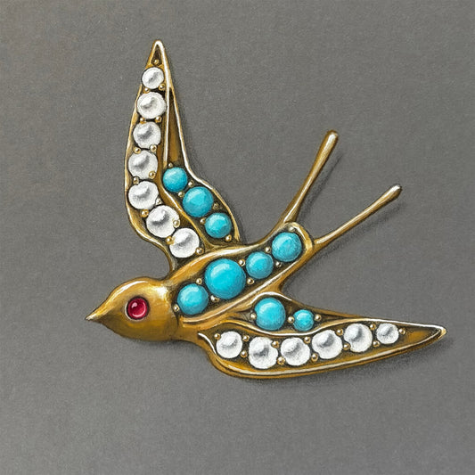 Painting of a gold bird-shaped brooch with turquoise and red gemstones on a grey background