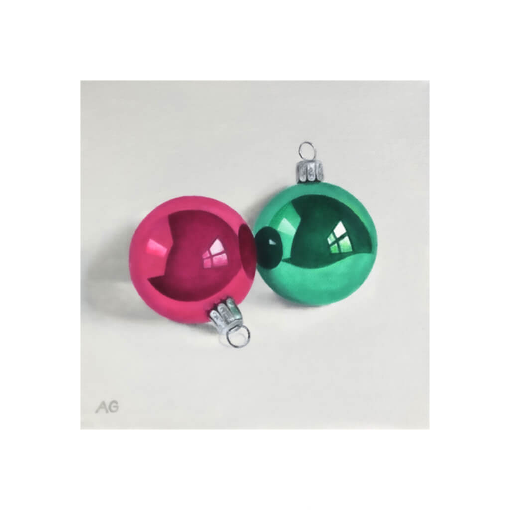 A giclée fine art print of pink and green Christmas Baubles, against a pale neutral colour background.