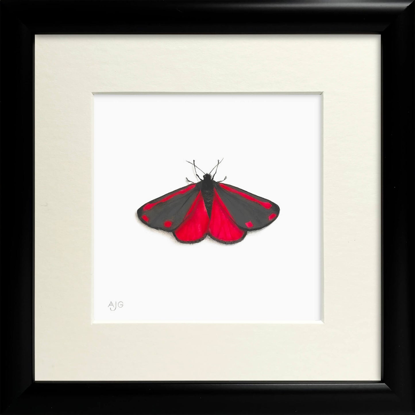 Framed artwork of a red and black butterfly on a white background