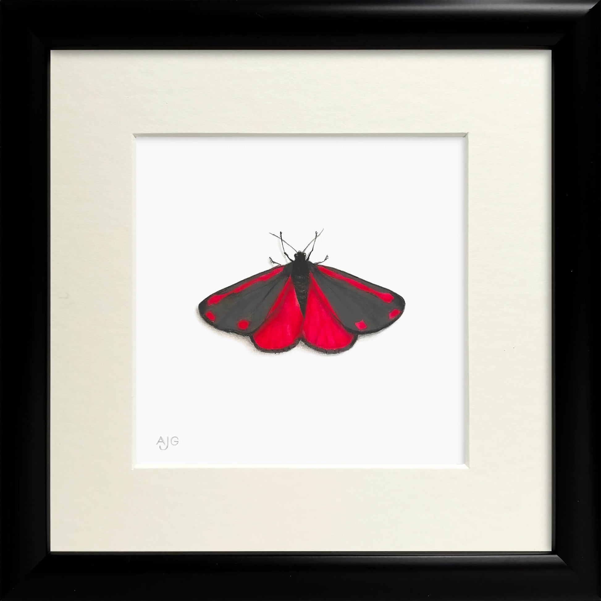 Framed artwork of a red and black butterfly on a white background