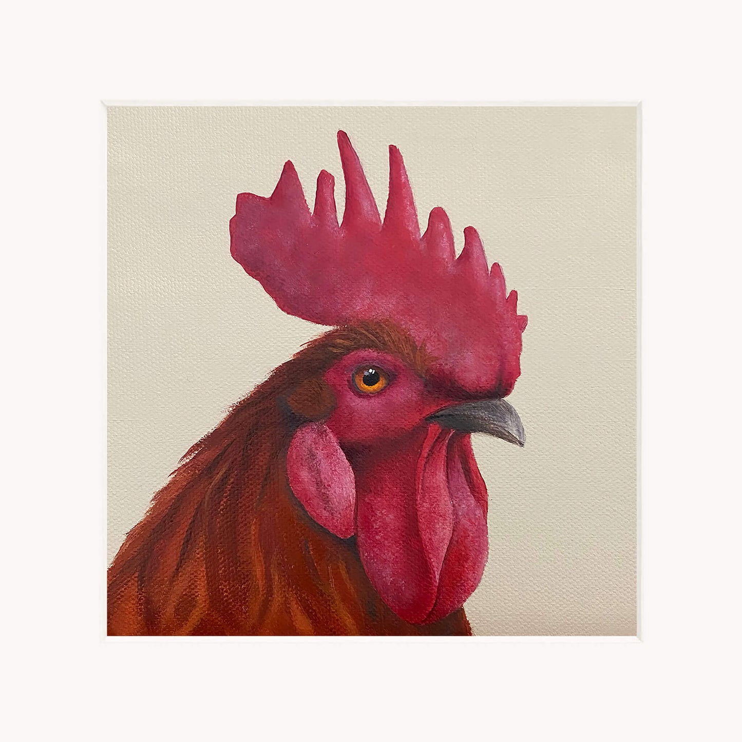 Painting of a rooster with a prominent red comb on a beige background