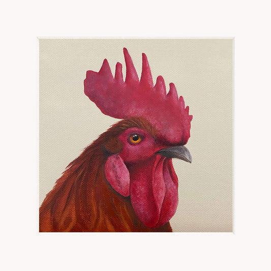 Painting of a rooster with a prominent red comb on a beige background