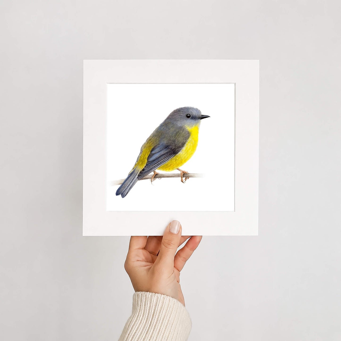 Hand holding a card with a yellow robin bird illustration on a plain background