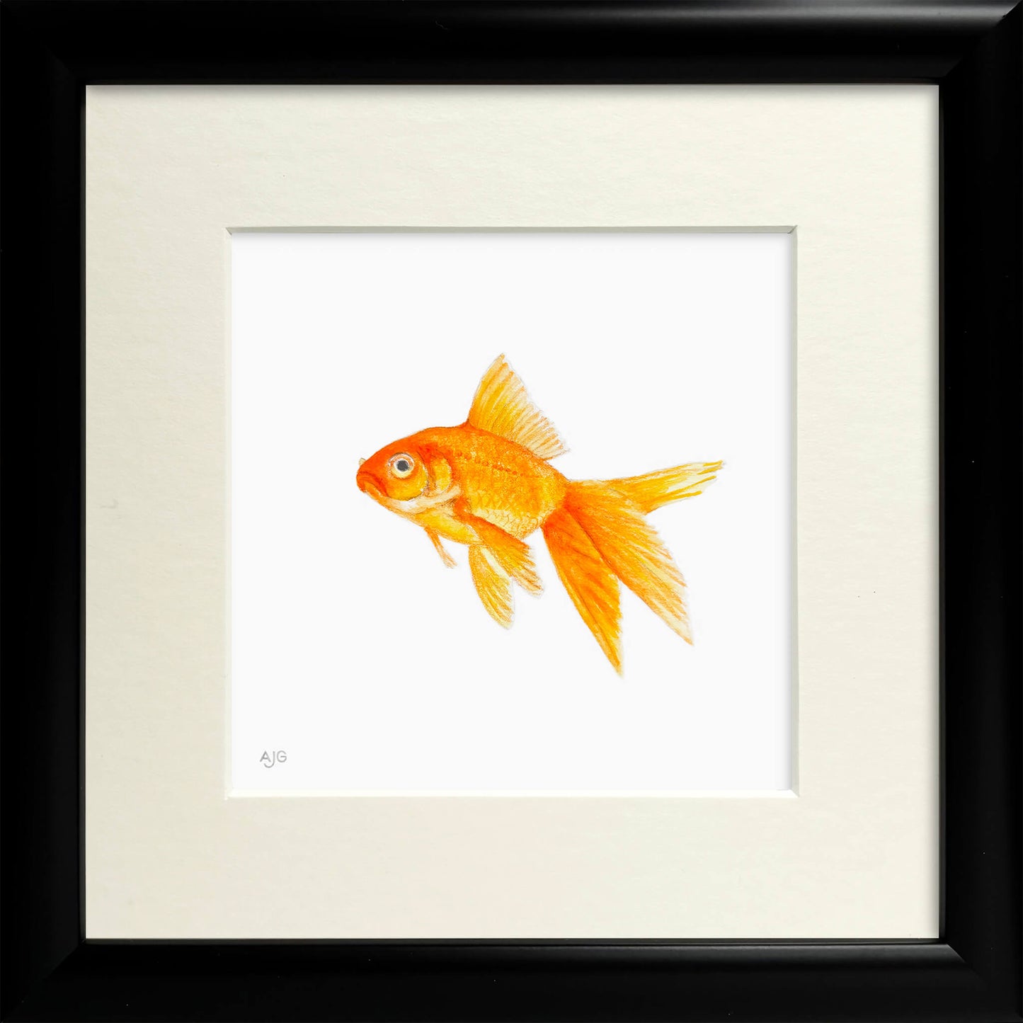 Framed artwork of a goldfish on a white background