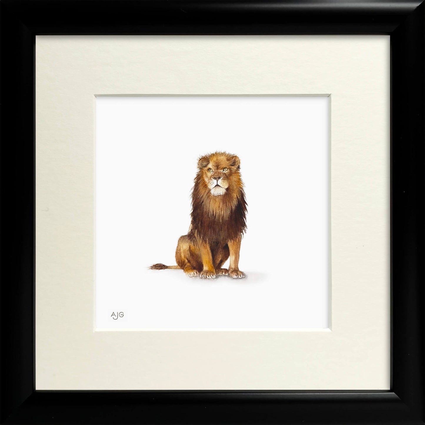 Framed artwork of a lion on a white background