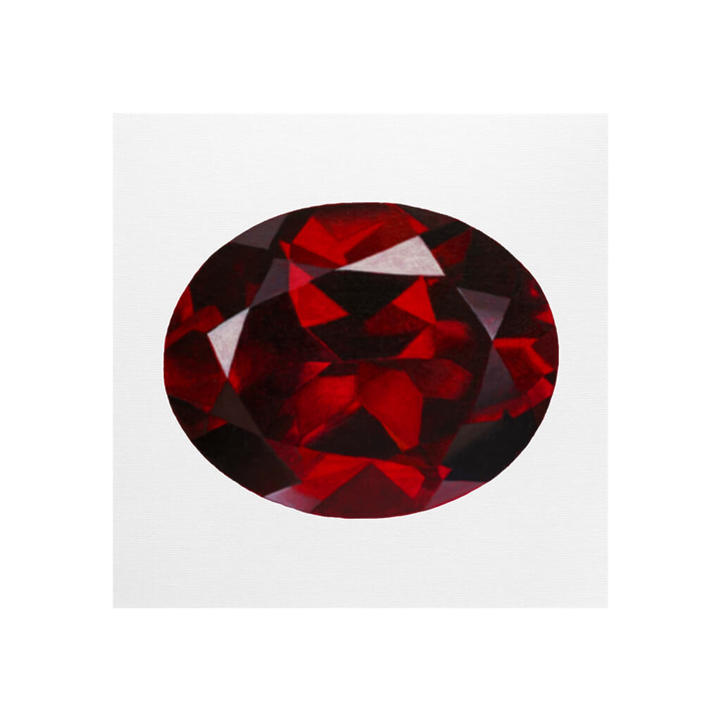 A giclée fine art print of a garnet jewel. The gemstone has a pale stone background.
