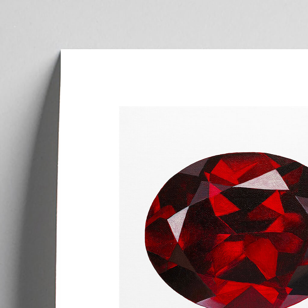 Giclée fine art print of a garnet gemstone on a pale grey background. This image shows a section, to highlight the detail.